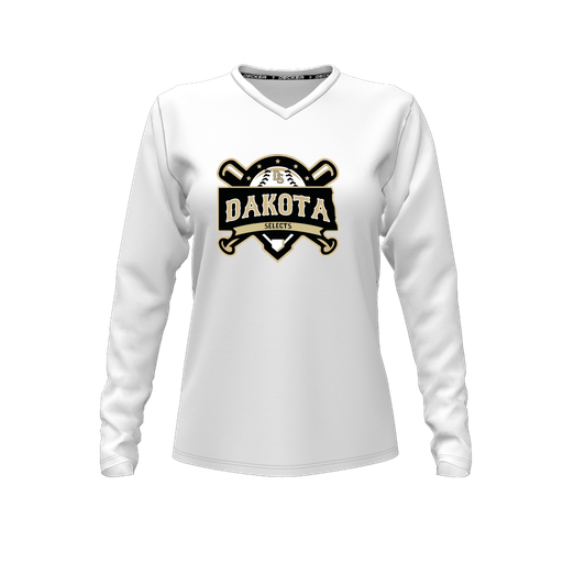 [CUS-DFW-TEES-CMF-VNK-LSL-WHT-FYXS-LOGO1] Decker Comfort T-Shirt (Female Youth XS, White, V Neck, Logo 1, Long Sleeve)