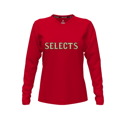 [CUS-DFW-TEES-CMF-VNK-LSL-RED-FYXS-LOGO2] Decker Comfort T-Shirt (Female Youth XS, Red, V Neck, Logo 2, Long Sleeve)