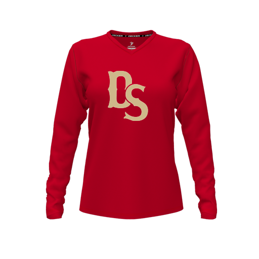 [CUS-DFW-TEES-CMF-VNK-LSL-RED-FYXS-LOGO3] Comfort T-Shirt (Female Youth XS, Red, V Neck, Logo 3, Long Sleeve)