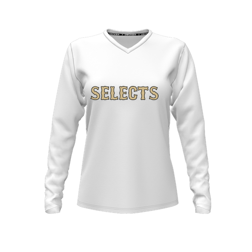[CUS-DFW-TEES-PER-VNK-LSL-WHT-FYXS-LOGO2] Performance T-Shirt (Female Youth XS, White, V Neck, Logo 2, Long Sleeve)